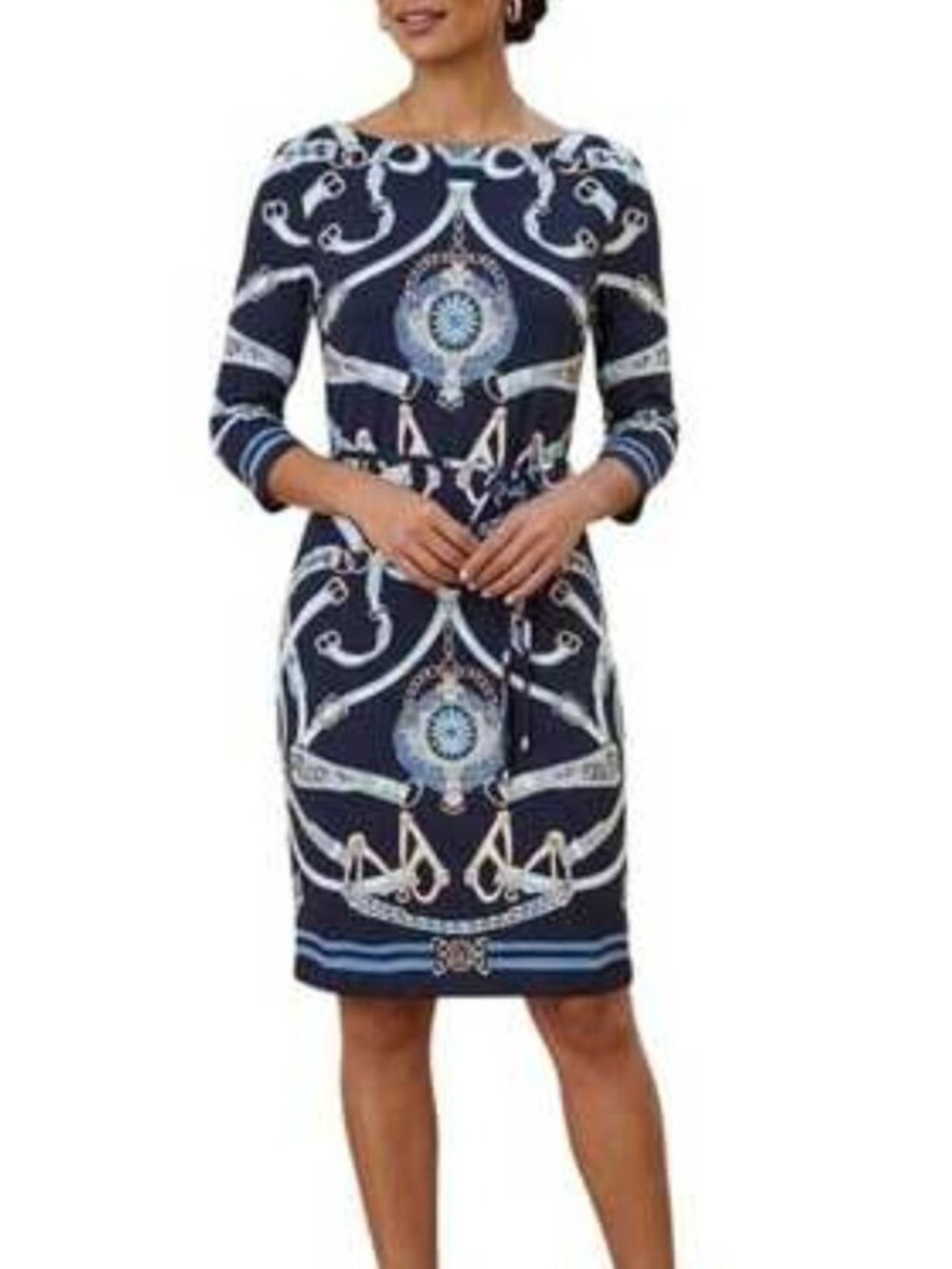 J. McLaughlin Dress Large Navy Blue Dress Equestrian Horsebit Mini Stretch Scarf